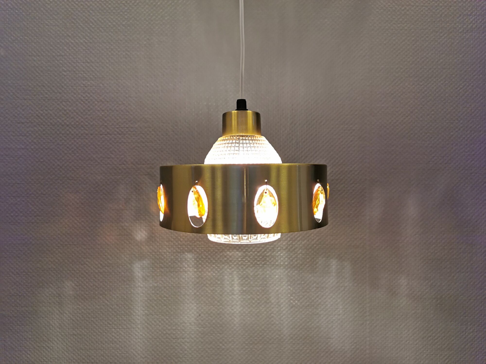 Danish hanging lamp made of glass, metal and with colored prisms