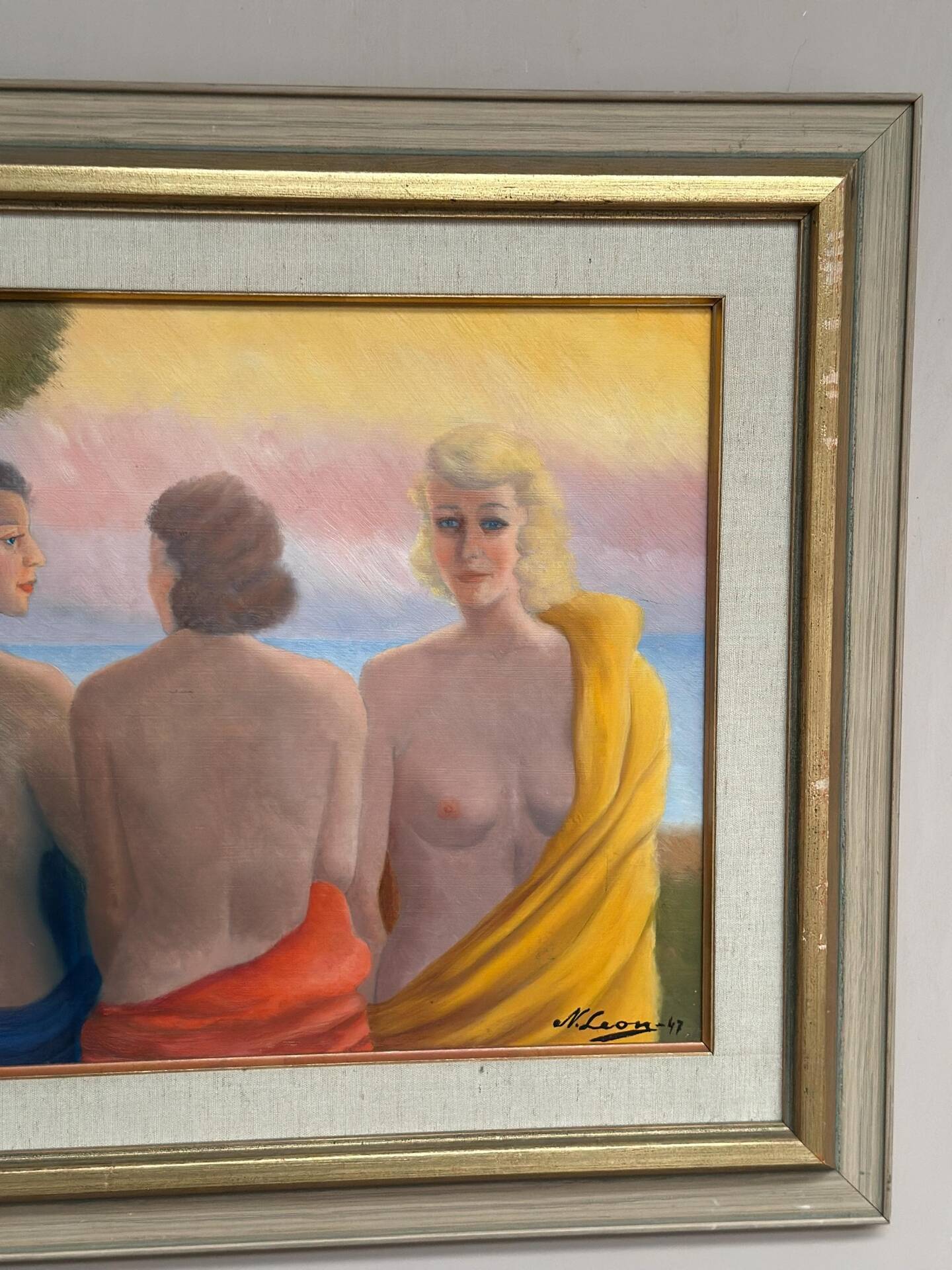 20th Century Oil on Panel – “Three Women” by N. Leon (1947) – Vintage