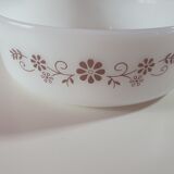 Plat vintage dynaware pyrorey ronc blanc avec fleurs marron sur un coté