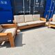 Brutalist-style bench and armchairs in 1970s pine.