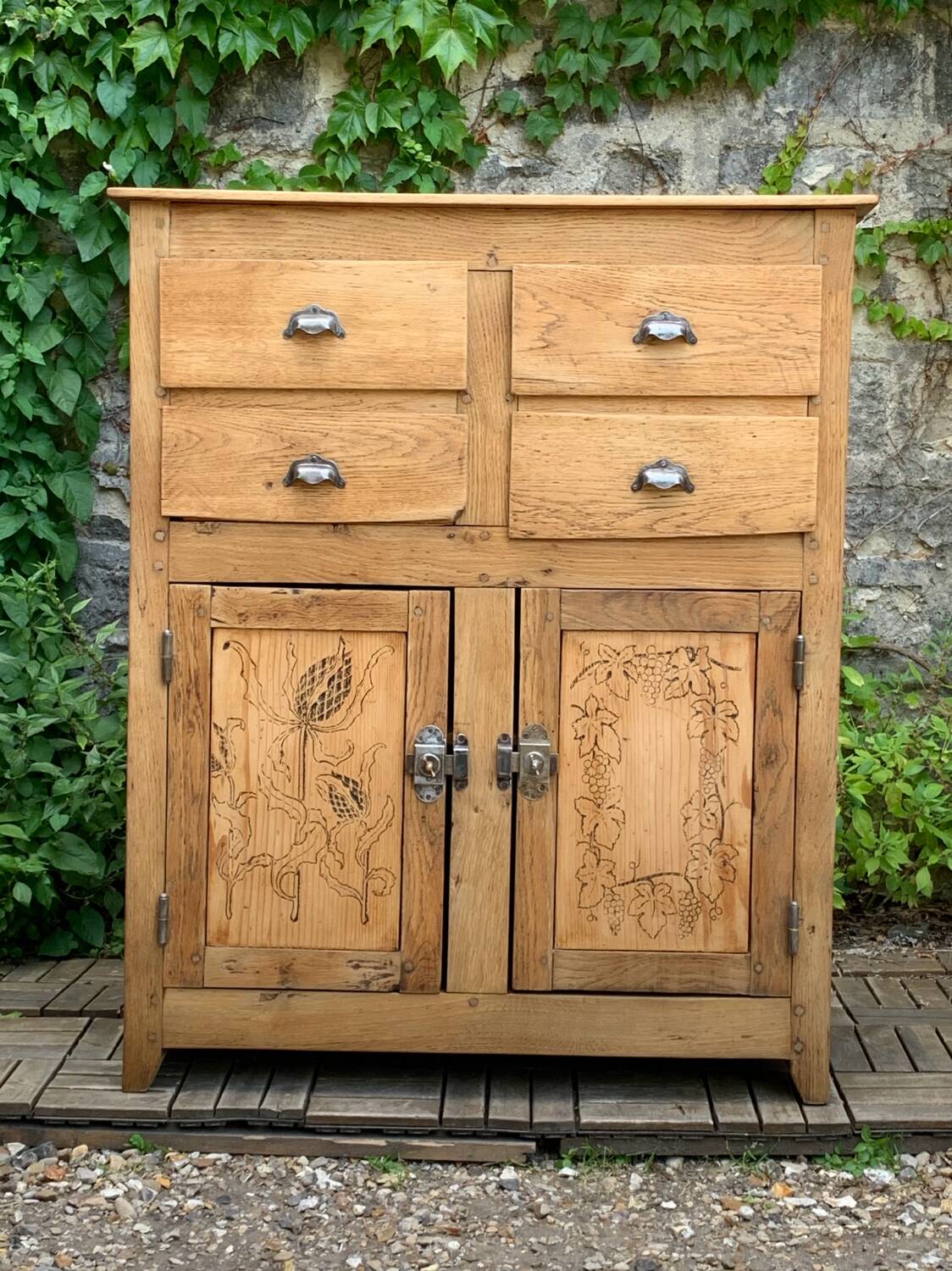 Parisian art deco sideboard in solid raw wood with pyrographed decorations, 1929