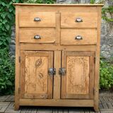 Parisian art deco sideboard in solid raw wood with pyrographed decorations, 1929