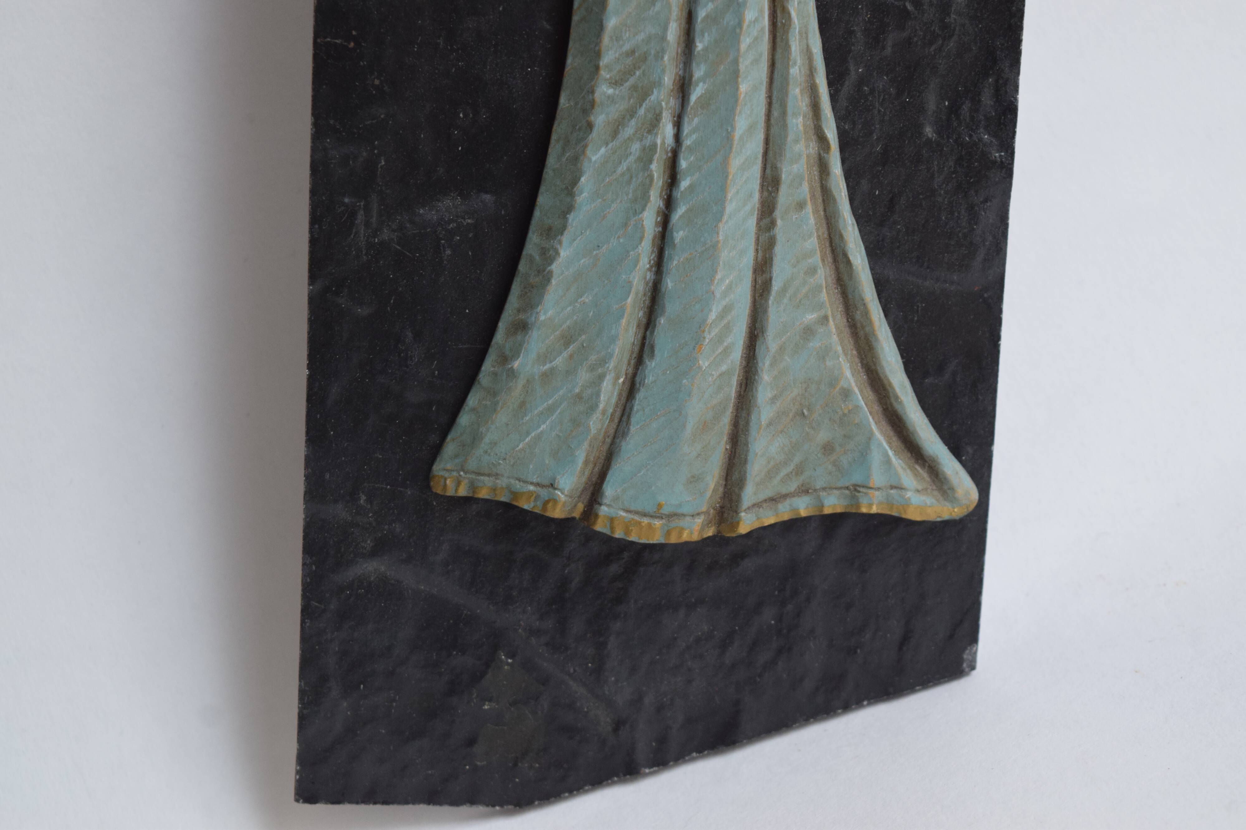 Religious slate wall plaque - hand-painted carved wood overprint - 1970