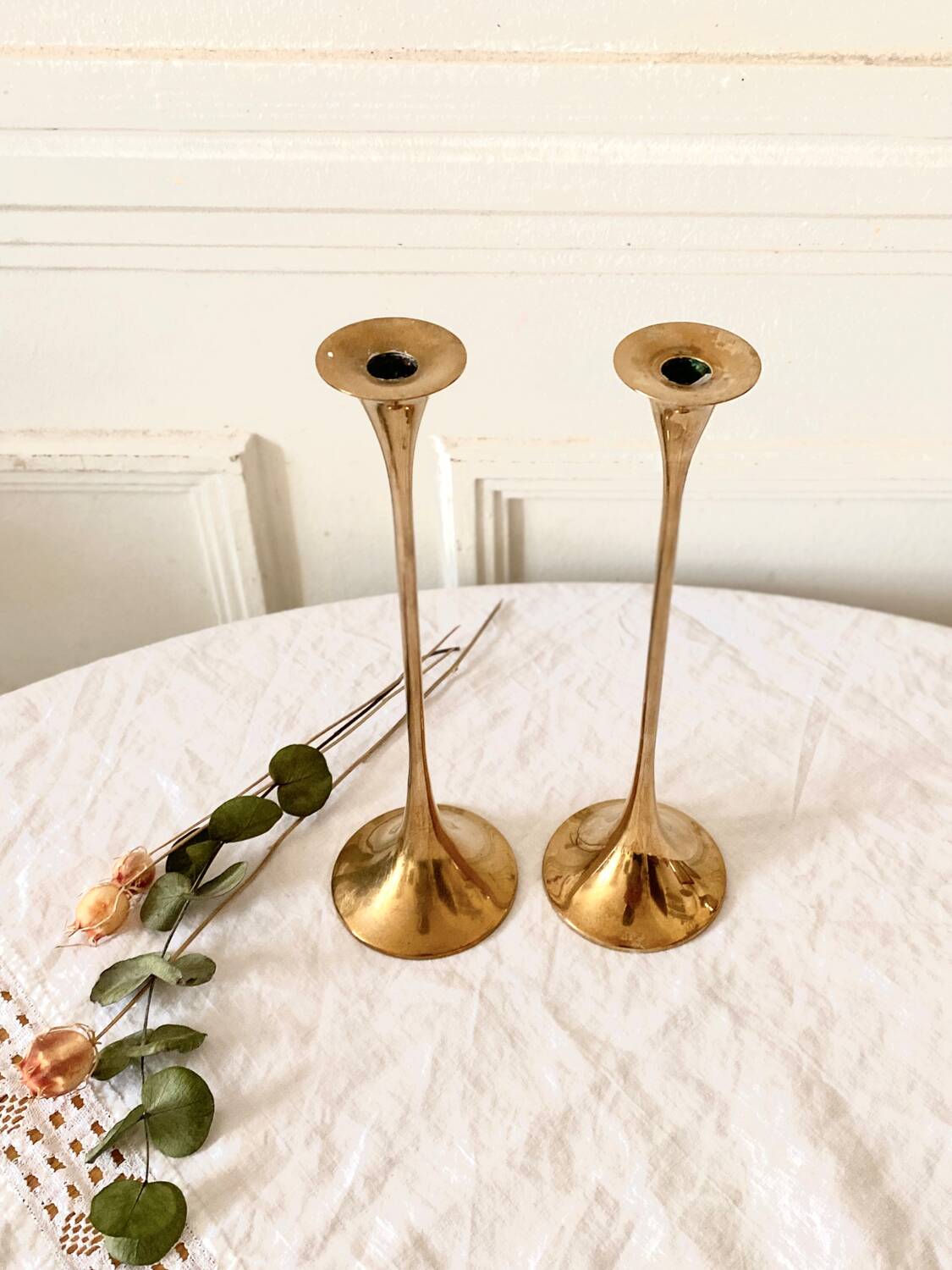 Pair of Scandinavian candlesticks in gilded brass H 23 cm