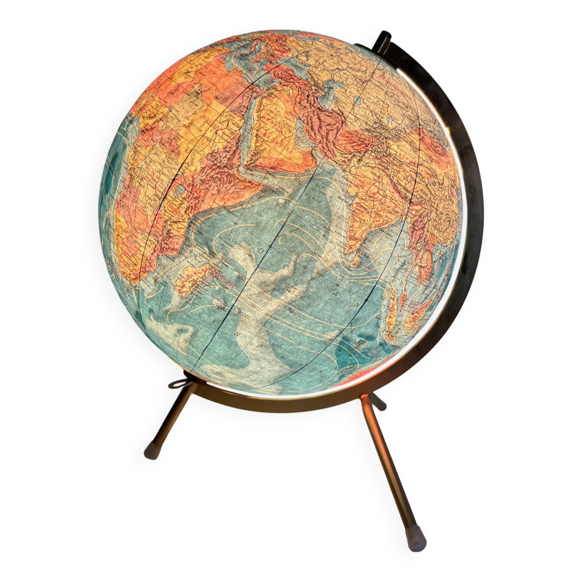 Globe vintage 1975 terrestre verre tripode doré Taride - 32 cm