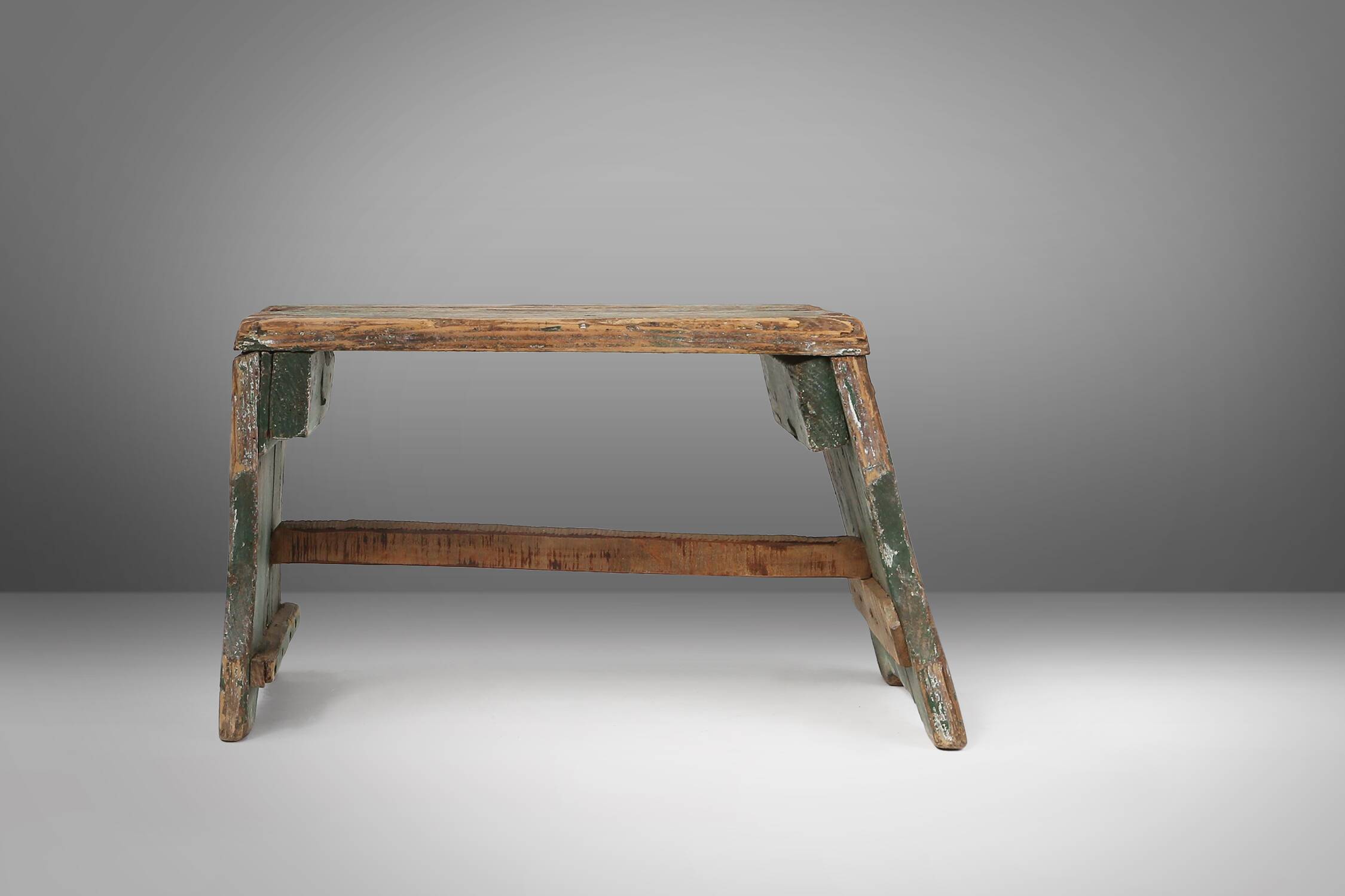Industrial green wooden stool with nice patina, France 1900