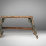 Industrial green wooden stool with nice patina, France 1900