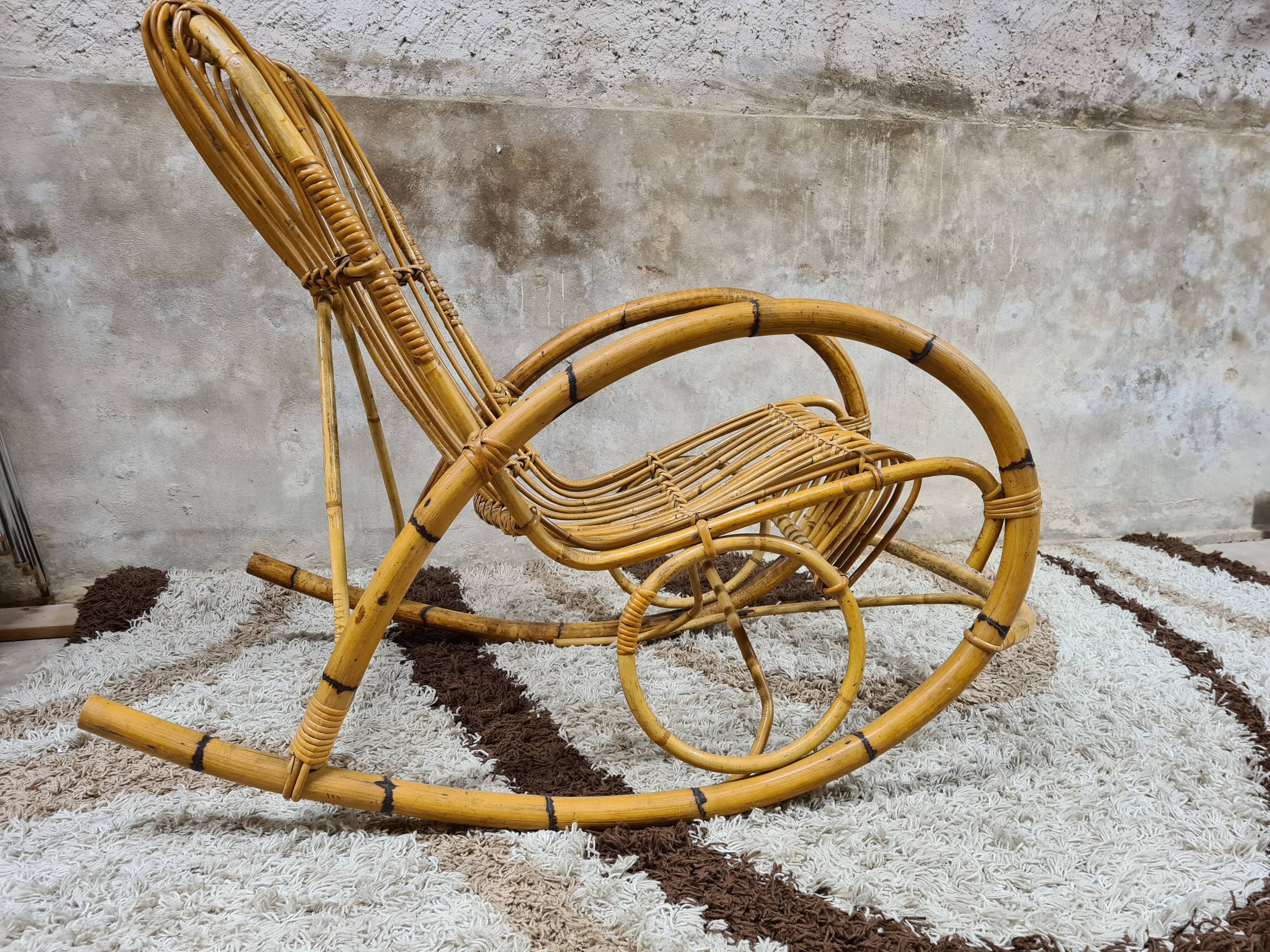 Rocking-chair rattan bamboo 60s