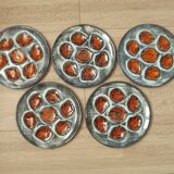 Set of 5 French Pordic Blue Grey & Orange Hand Painted 6 Well Oyster Plates 4974