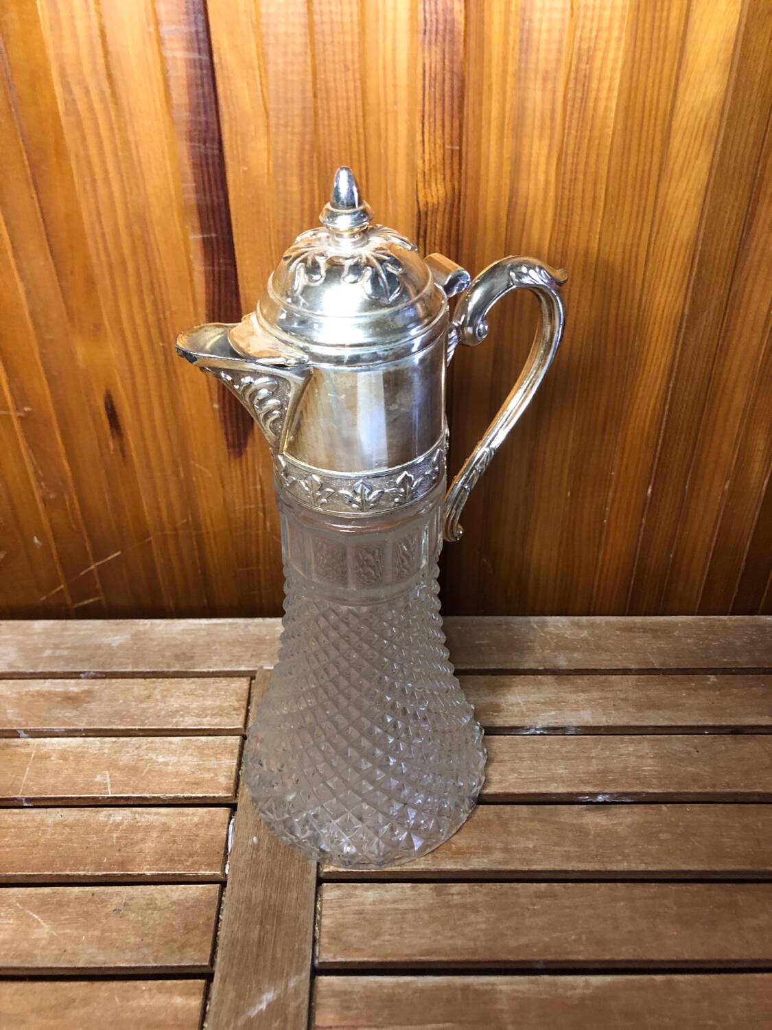 Old Carafe Body Glass Mold + Silver Metal Vintage