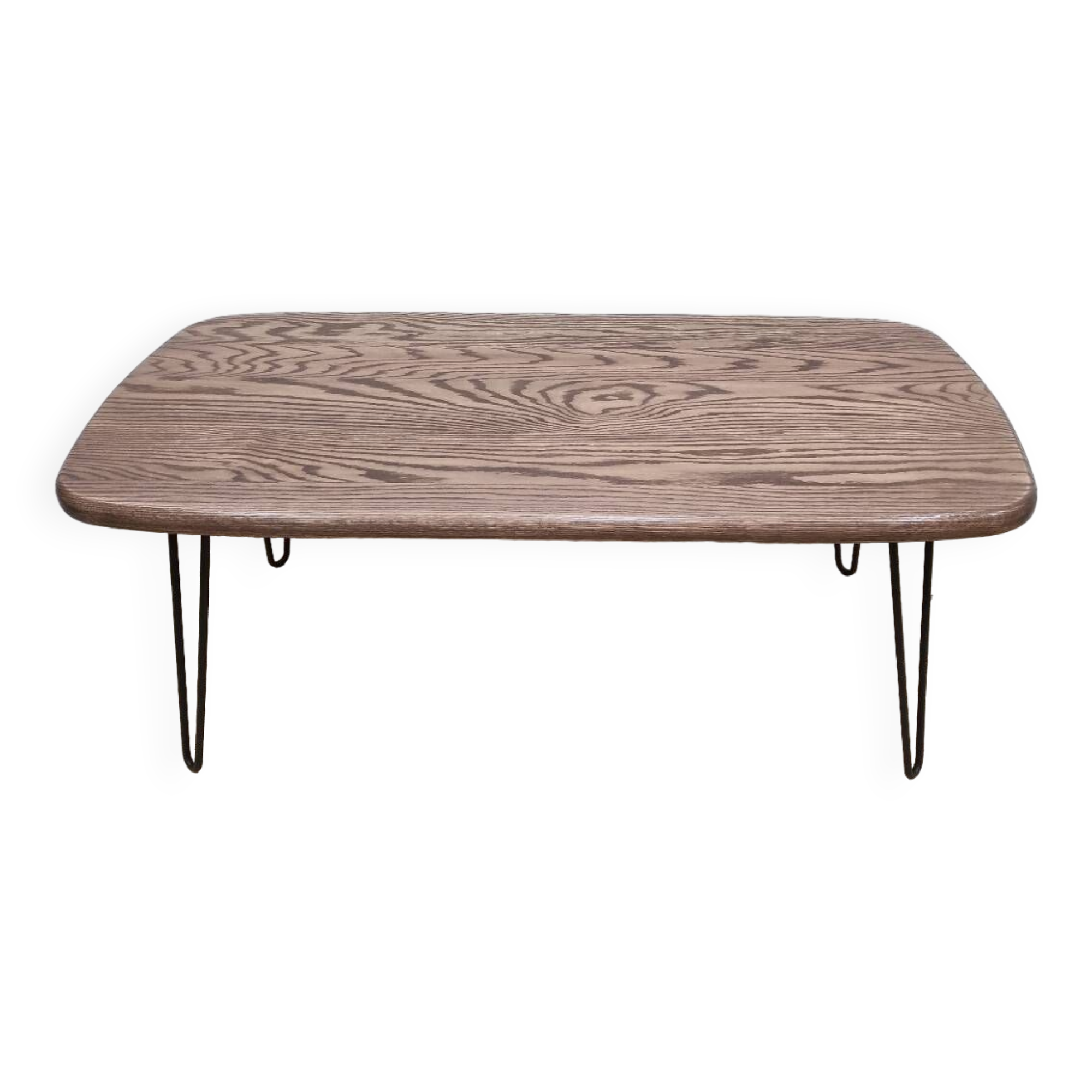 Solid oak oval coffee table with steel pin legs