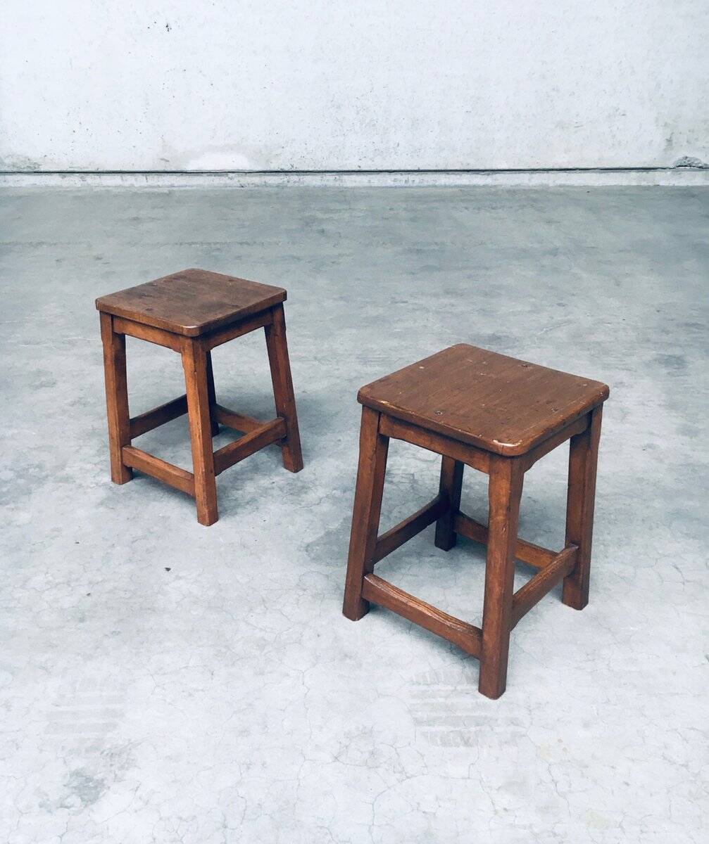 Set of Belgian Handcrafted Wooden Stools, 1940s