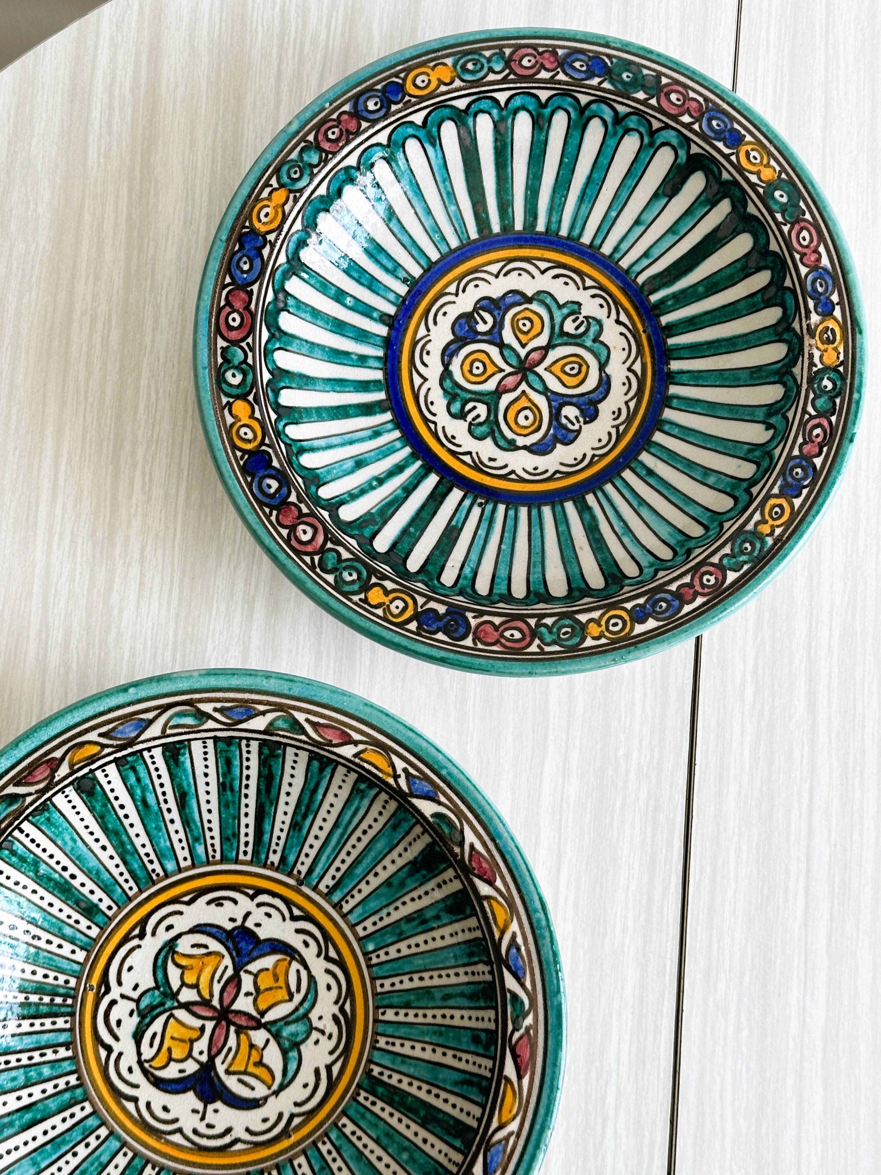 2 antique handmade ceramic dishes, colorful plates
