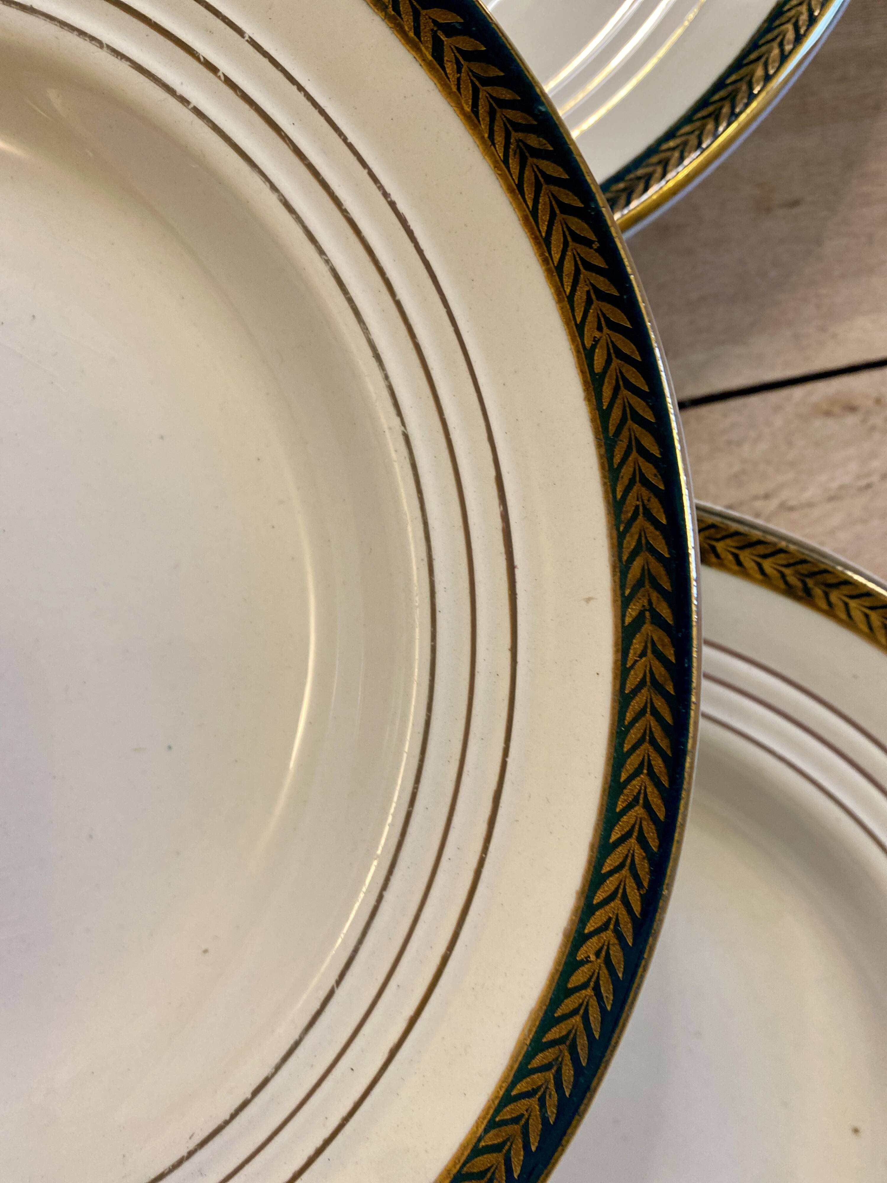 Set of 6 vintage semi-porcelain soup plates, Chinon de Céranord green and gold frieze