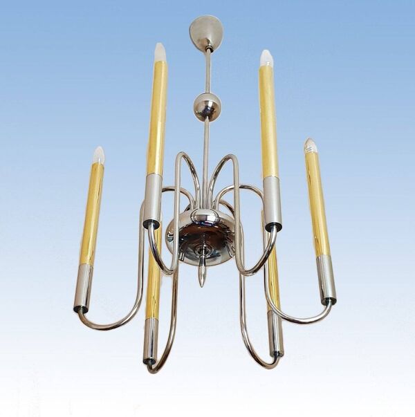Lustre 1950s en laiton et laiton chromé à 6 lumières