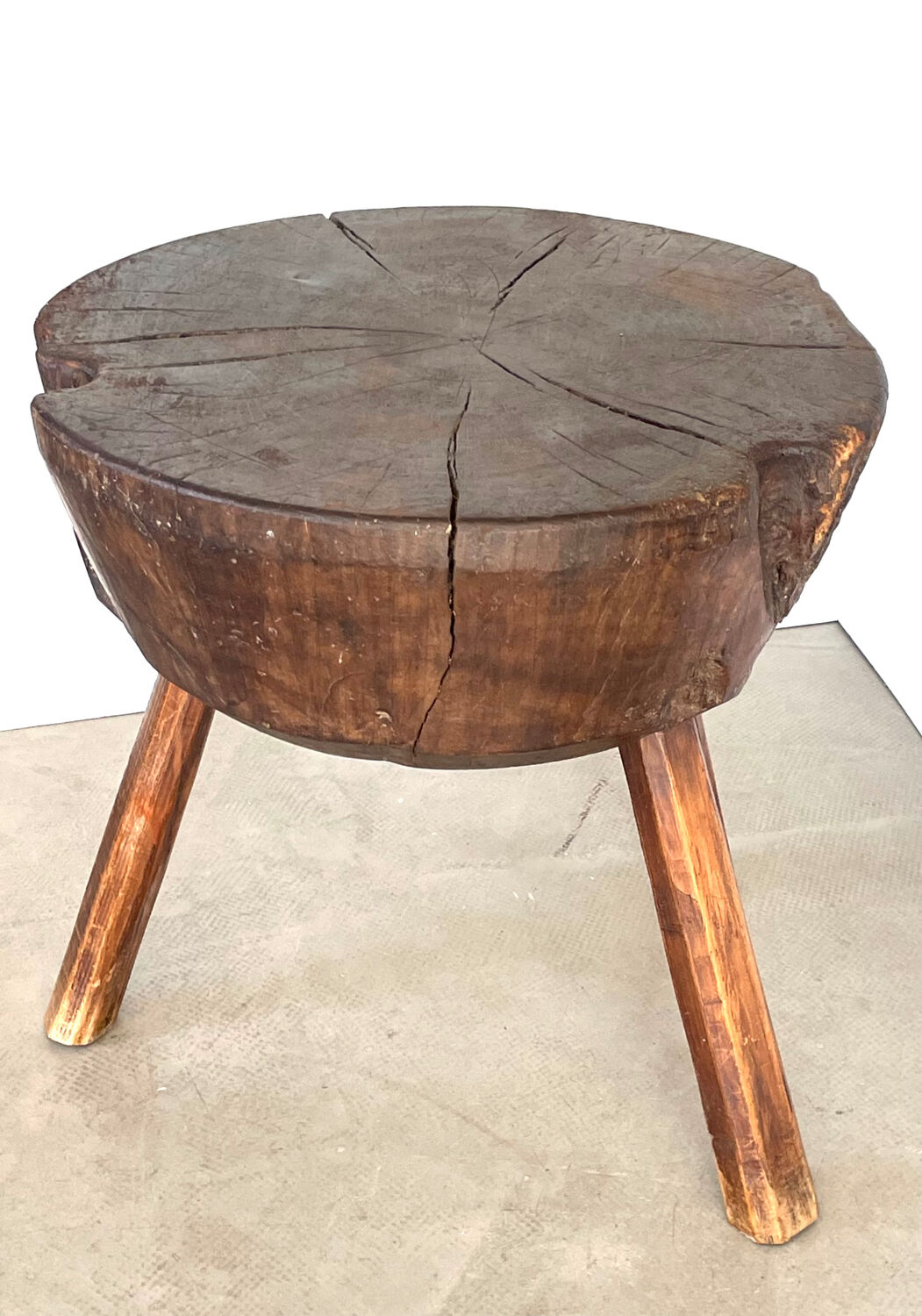 Large brutalist solid wood round tripod side table