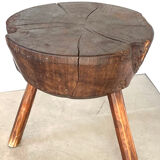 Large brutalist solid wood round tripod side table
