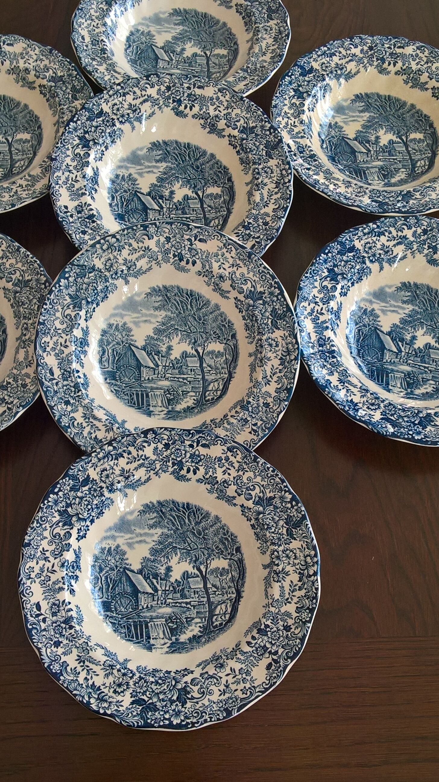 Eight English hollow plates Johnson Bros "Mill Stream"
