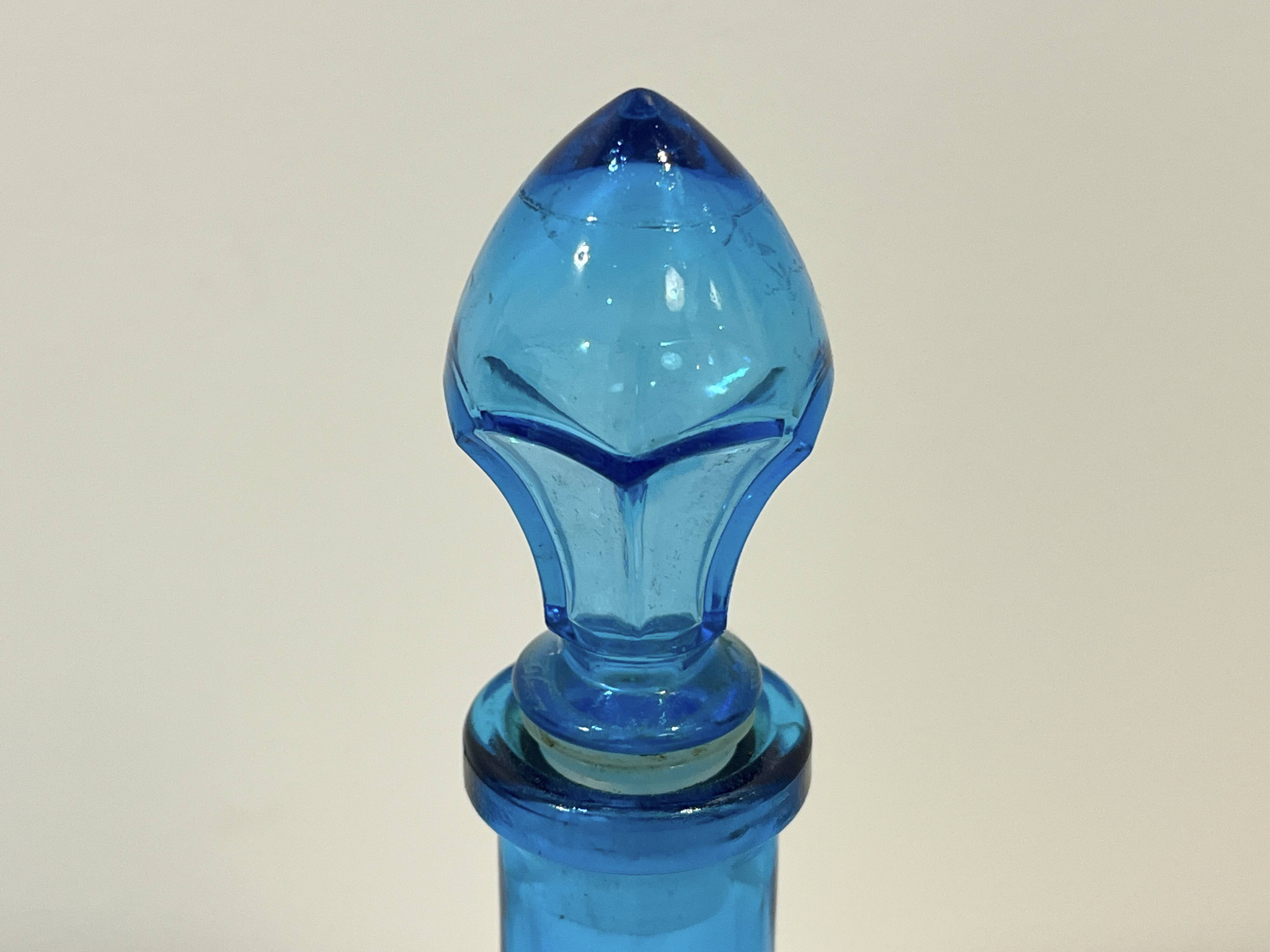 Vintage blue glass bottle Carafe with stopper Made in Belgium