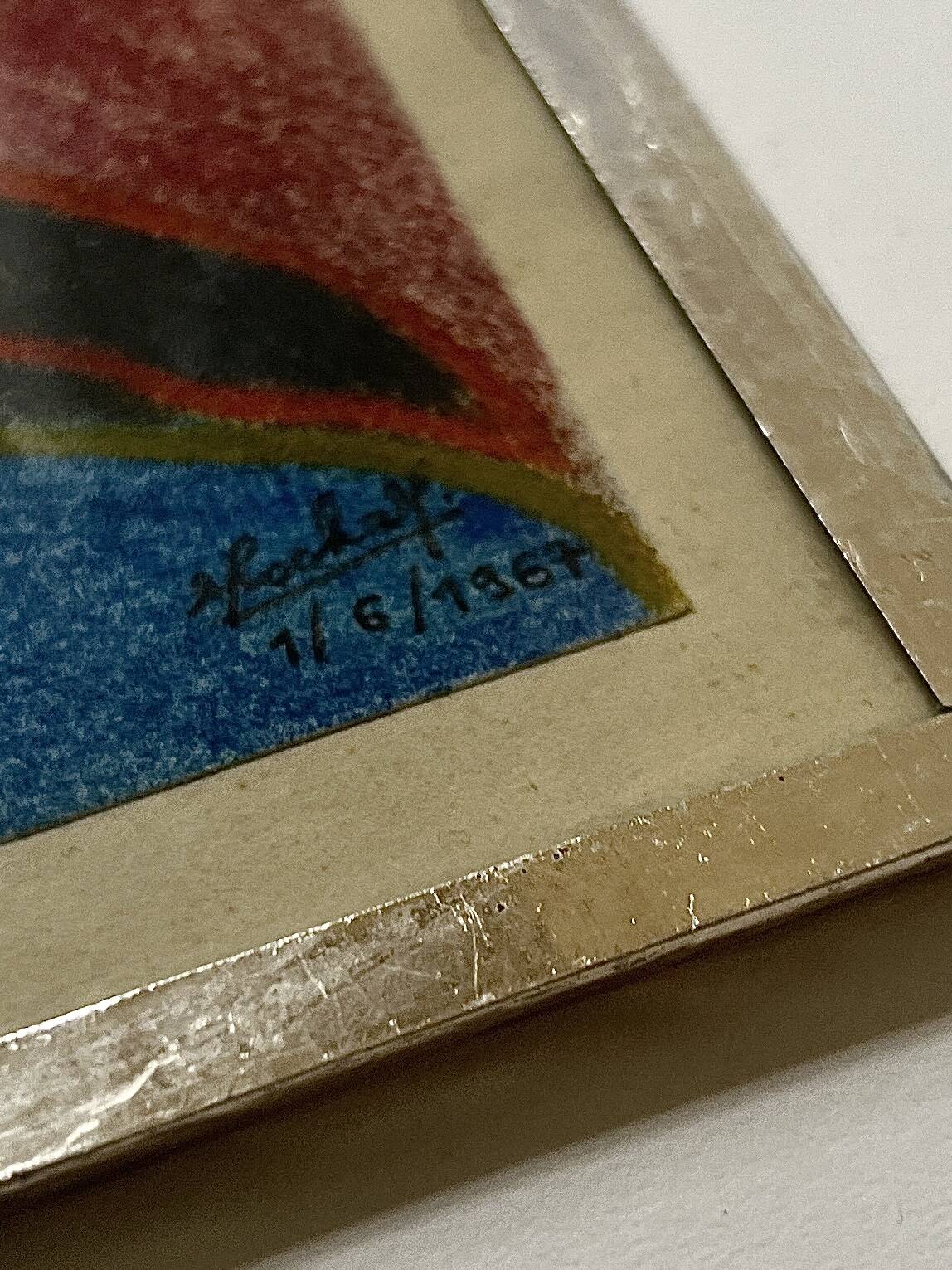 Vintage pastel cubist still life painting under glass and signed from 1967.