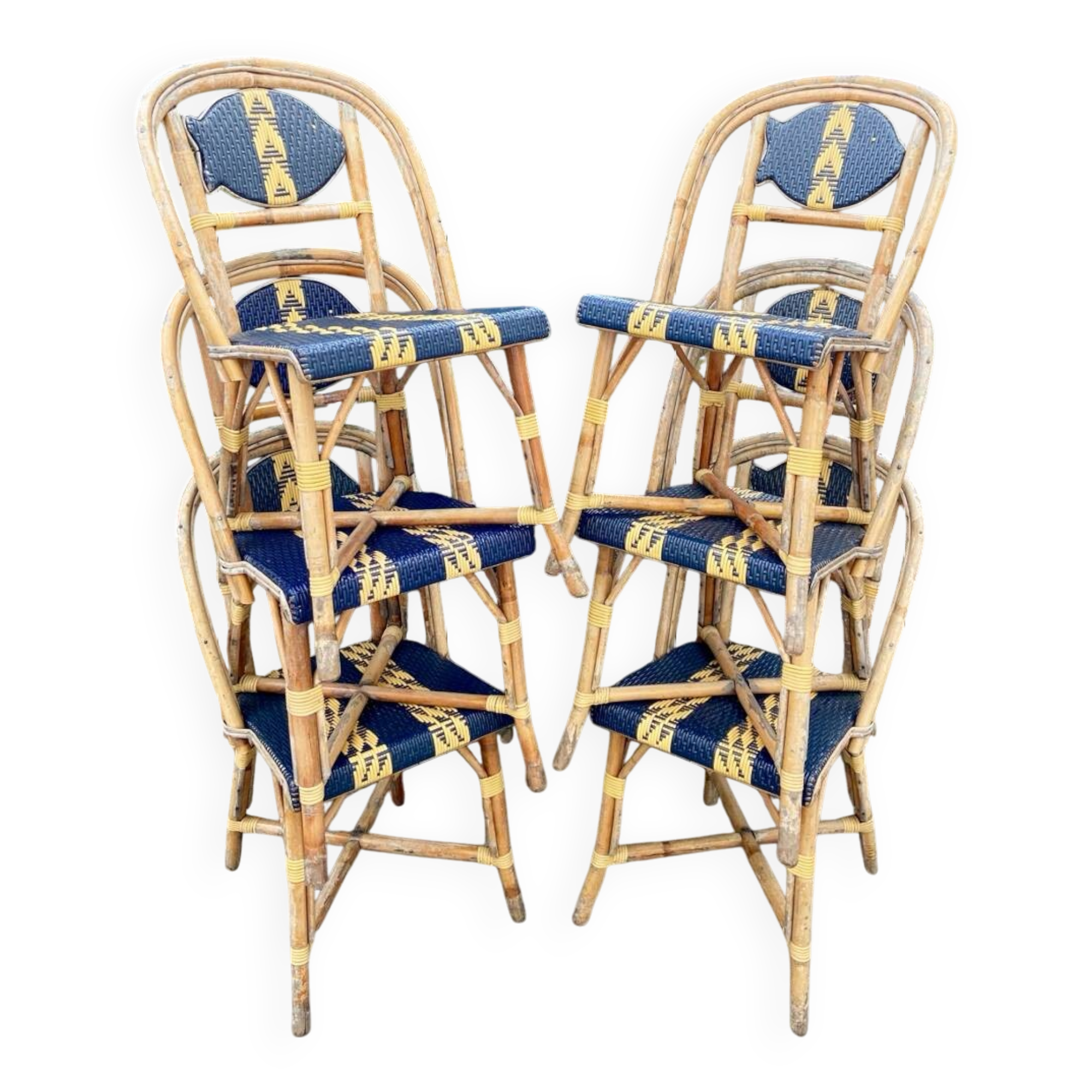 Six "Maison Drucker" chairs in rattan and satin fibers.