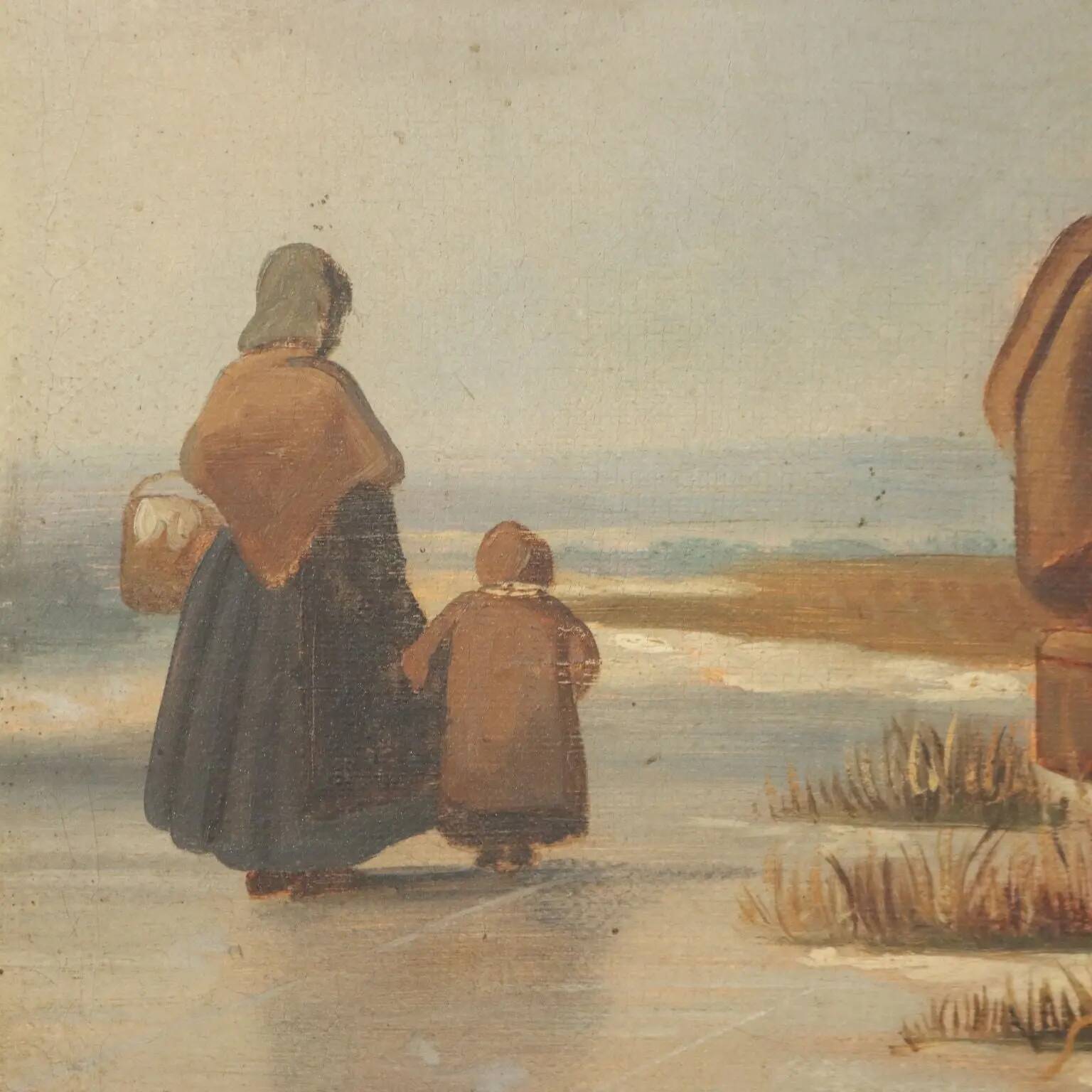 Ancient painting of a winter scene, oil on canvas, Northern Europe, 800s.