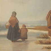 Ancient painting of a winter scene, oil on canvas, Northern Europe, 800s.