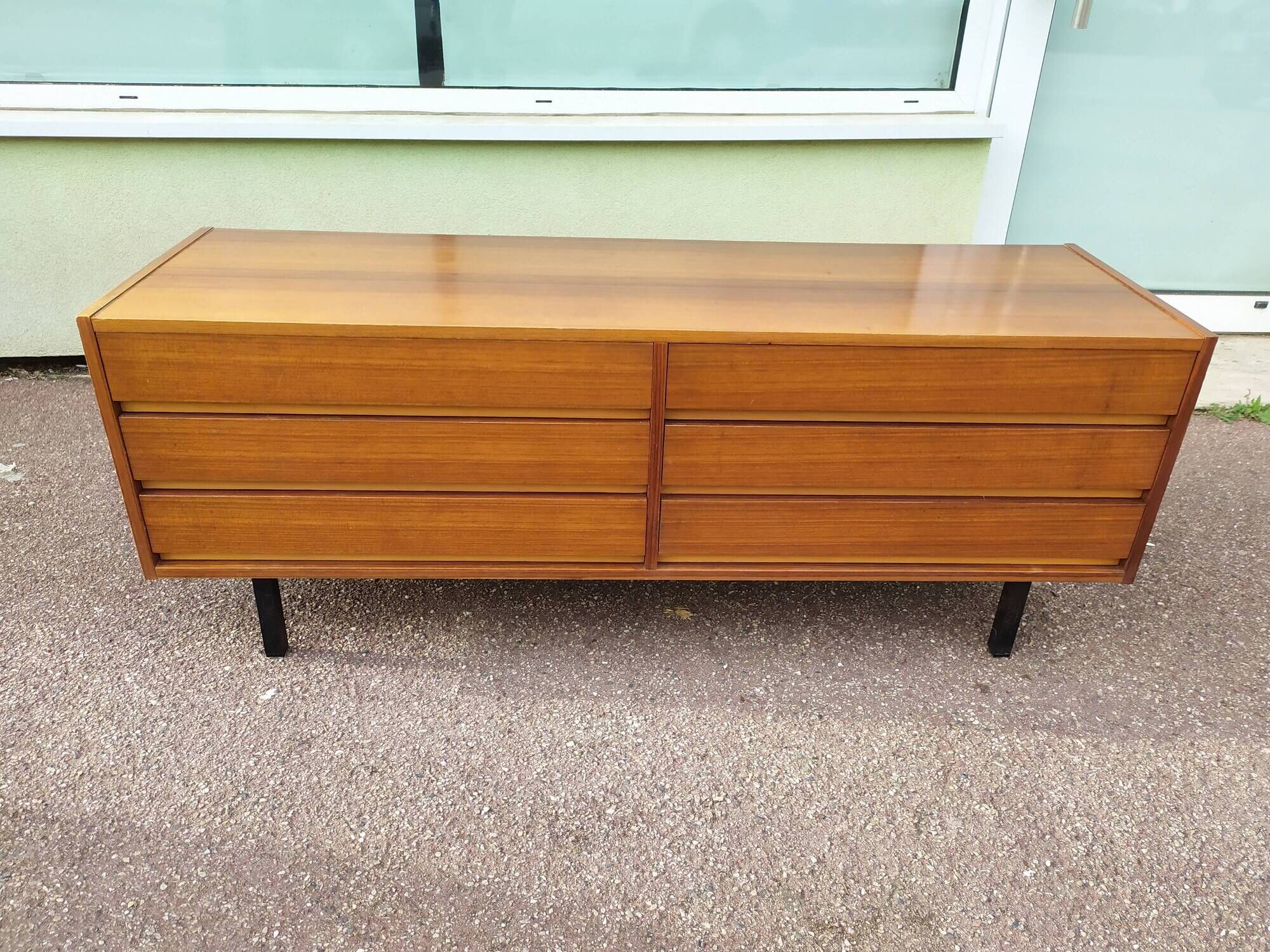 Vintage sideboard in wood, metal foot, 6 drawers