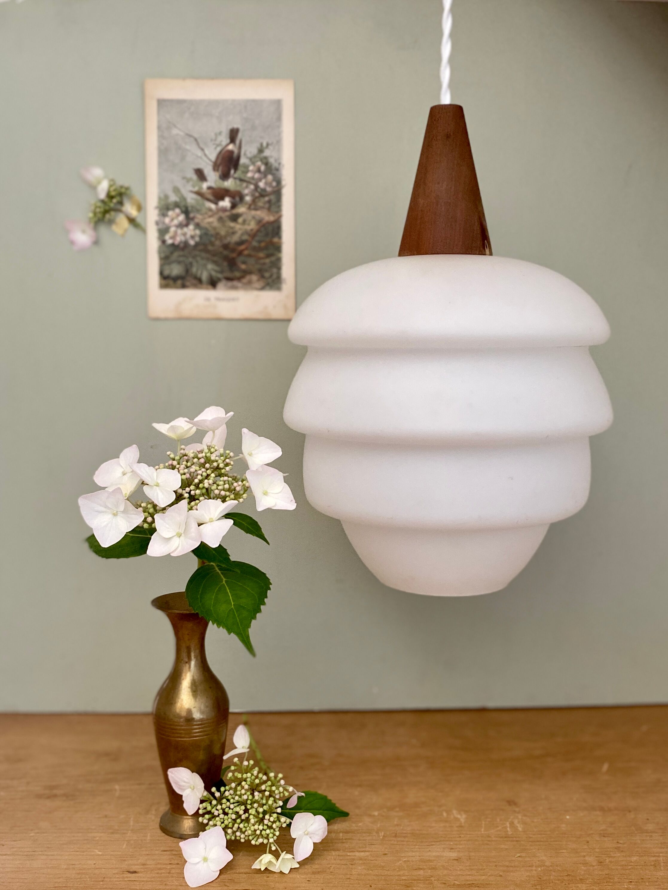 Vintage Scandinavian pendant lamp in teak and opaline