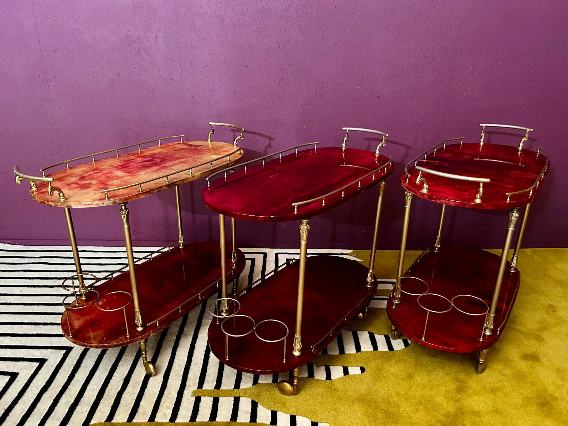 Cherry-red bar cart by Aldo Tura, Italy, 1960s, Hollywood Regency