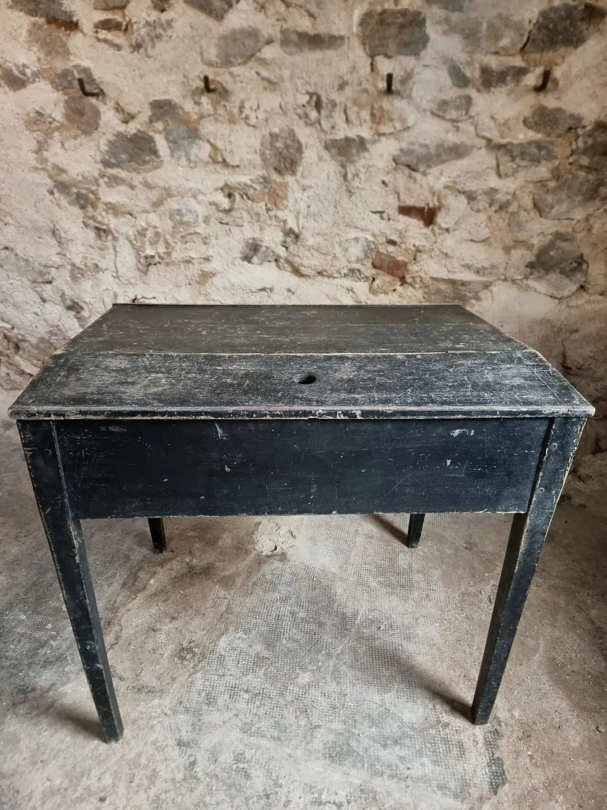 Bureau d'école français ancien, bureau d'écriture noir, bureau à abattant, vers 1900