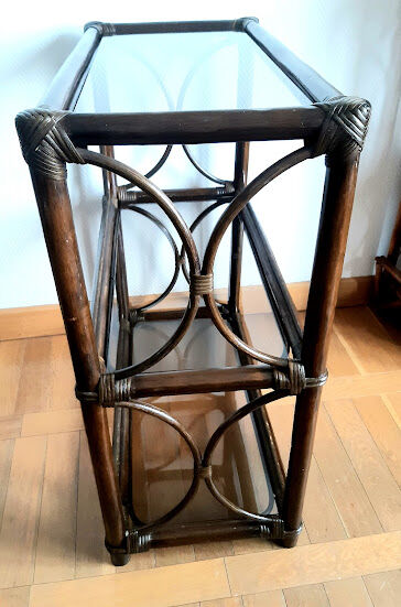 Rattan bookcase and smoked glass 1960