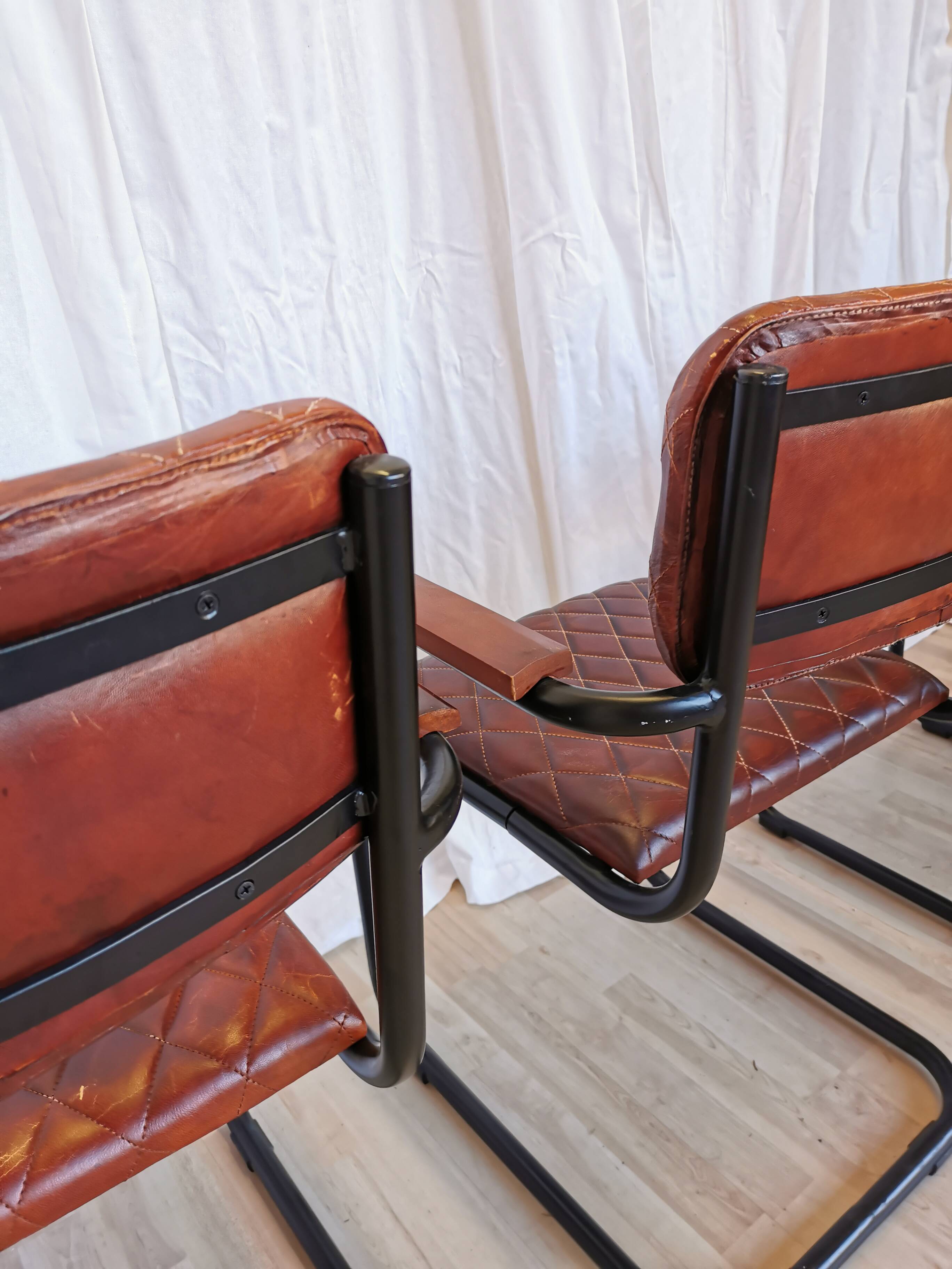 Set of 4 Vintage Quilted Leather Dining Chairs: Black Metal Base