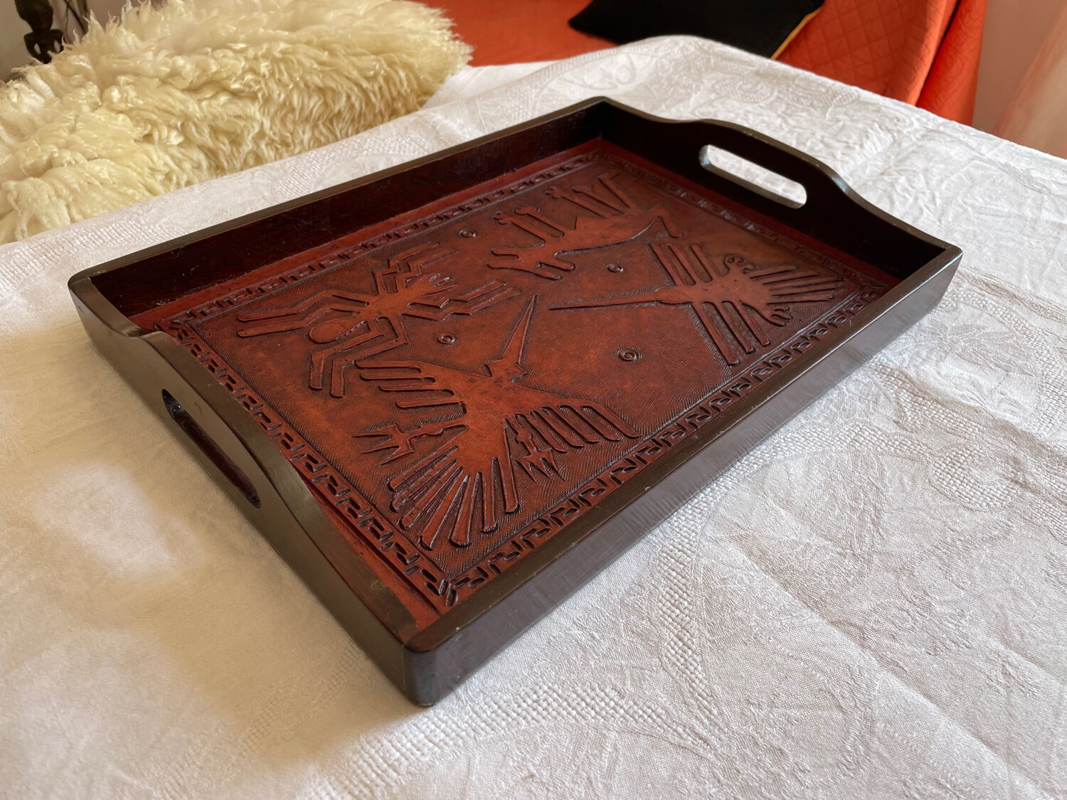 Wood and leather tray