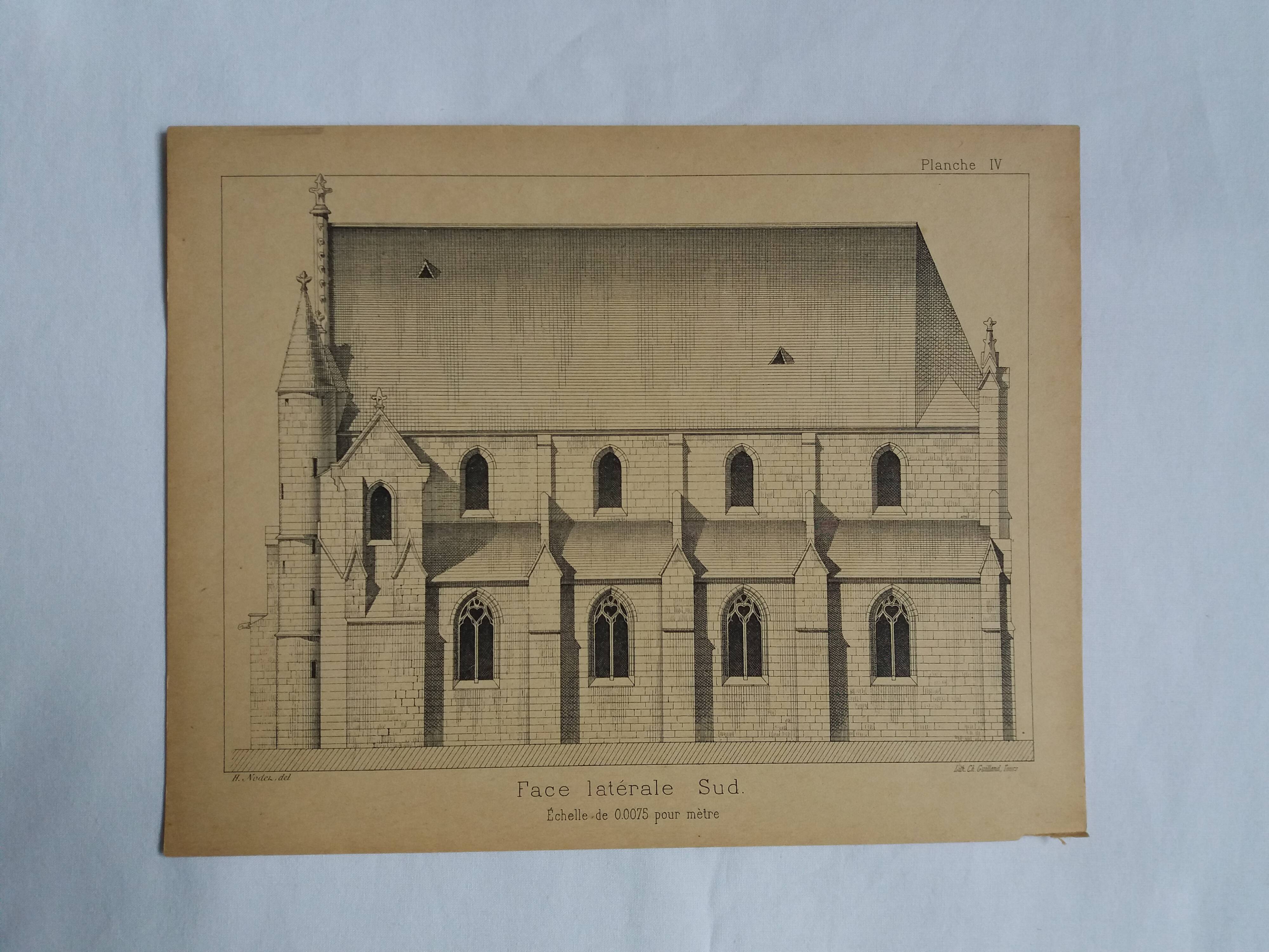 Ancient lithograph architecture façade of a church