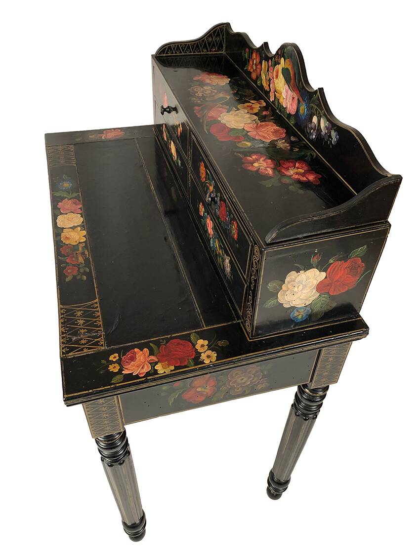 Bonheur du jour in black lacquered wood with rich painted decorations of flowers and birds, Napoleon III