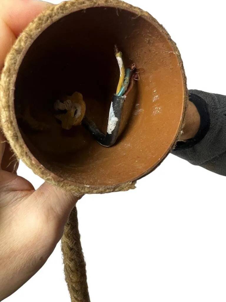 Vintage rattan pendant lamp with glass shade and cord accent