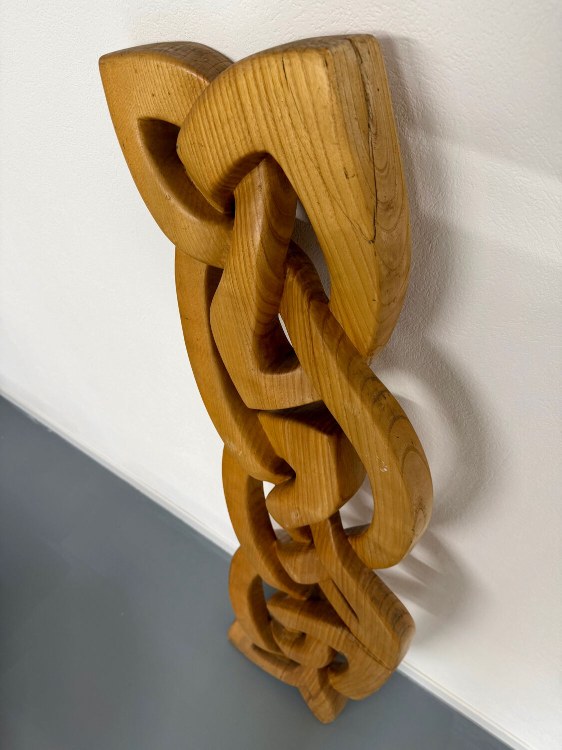 Twisted solid wood sculpture, vintage 1970s design.