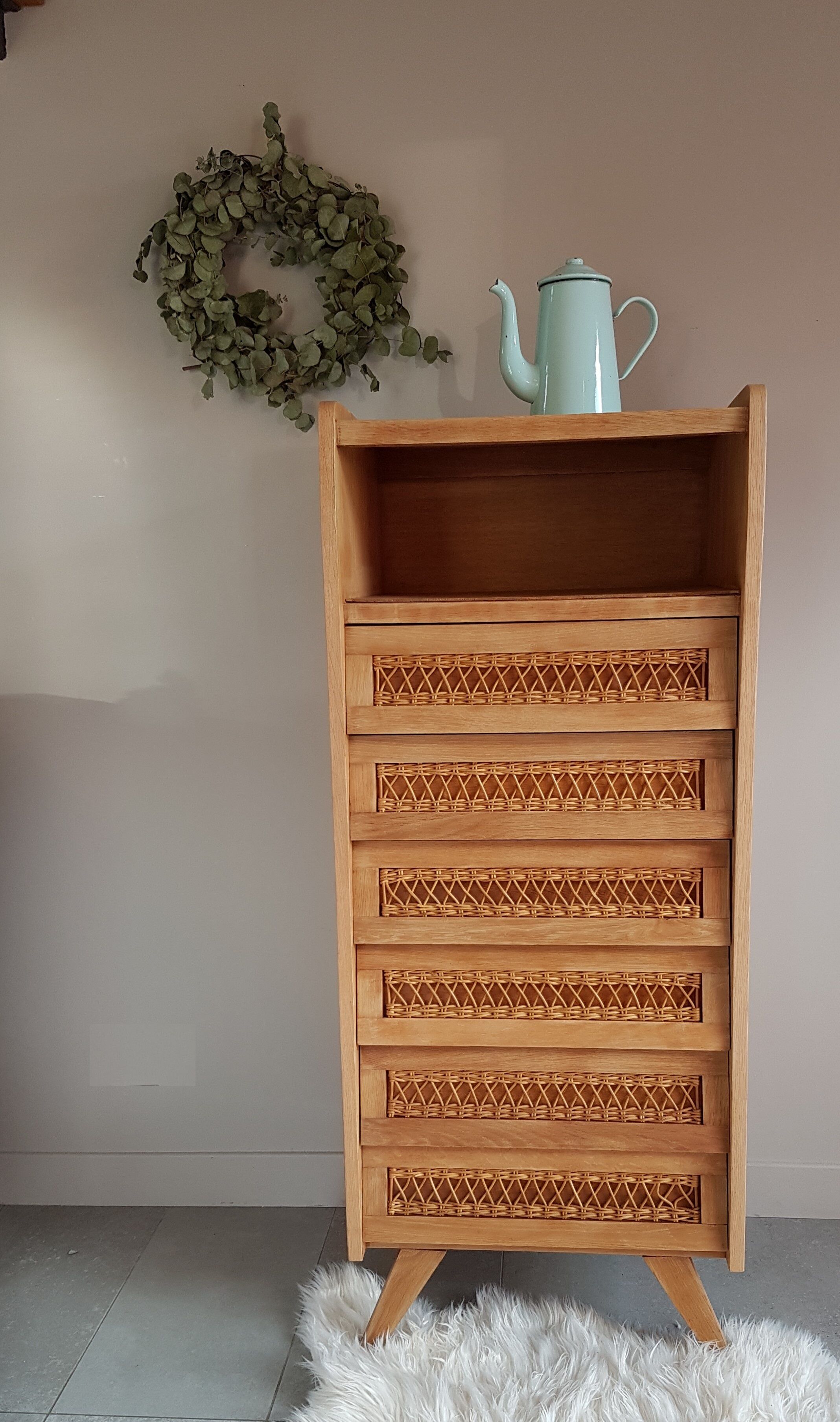 Wood and rattan restored chest of drawers