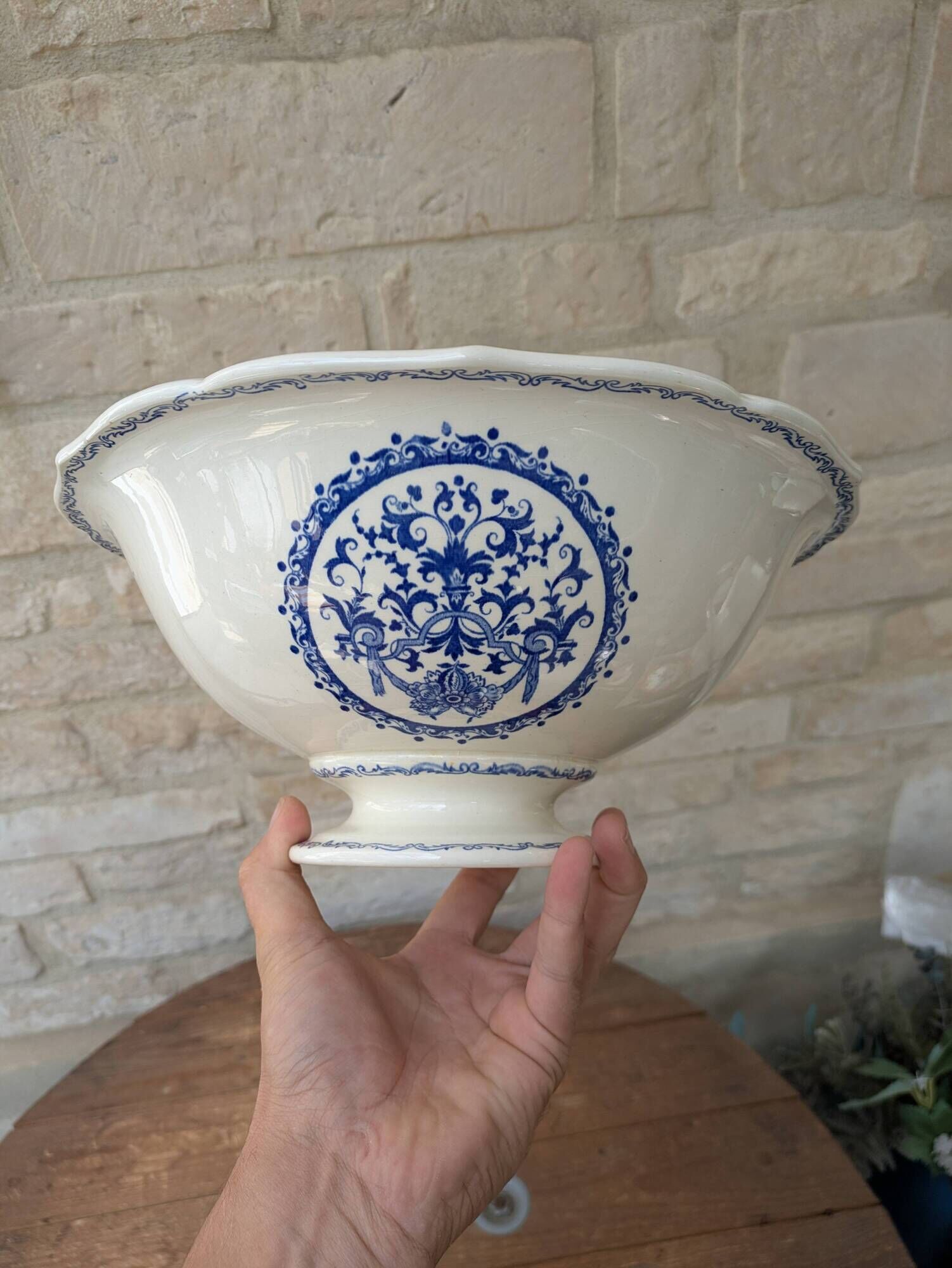 Vintage large salad bowl Gien Rouen model blue arabesques 30x14cm