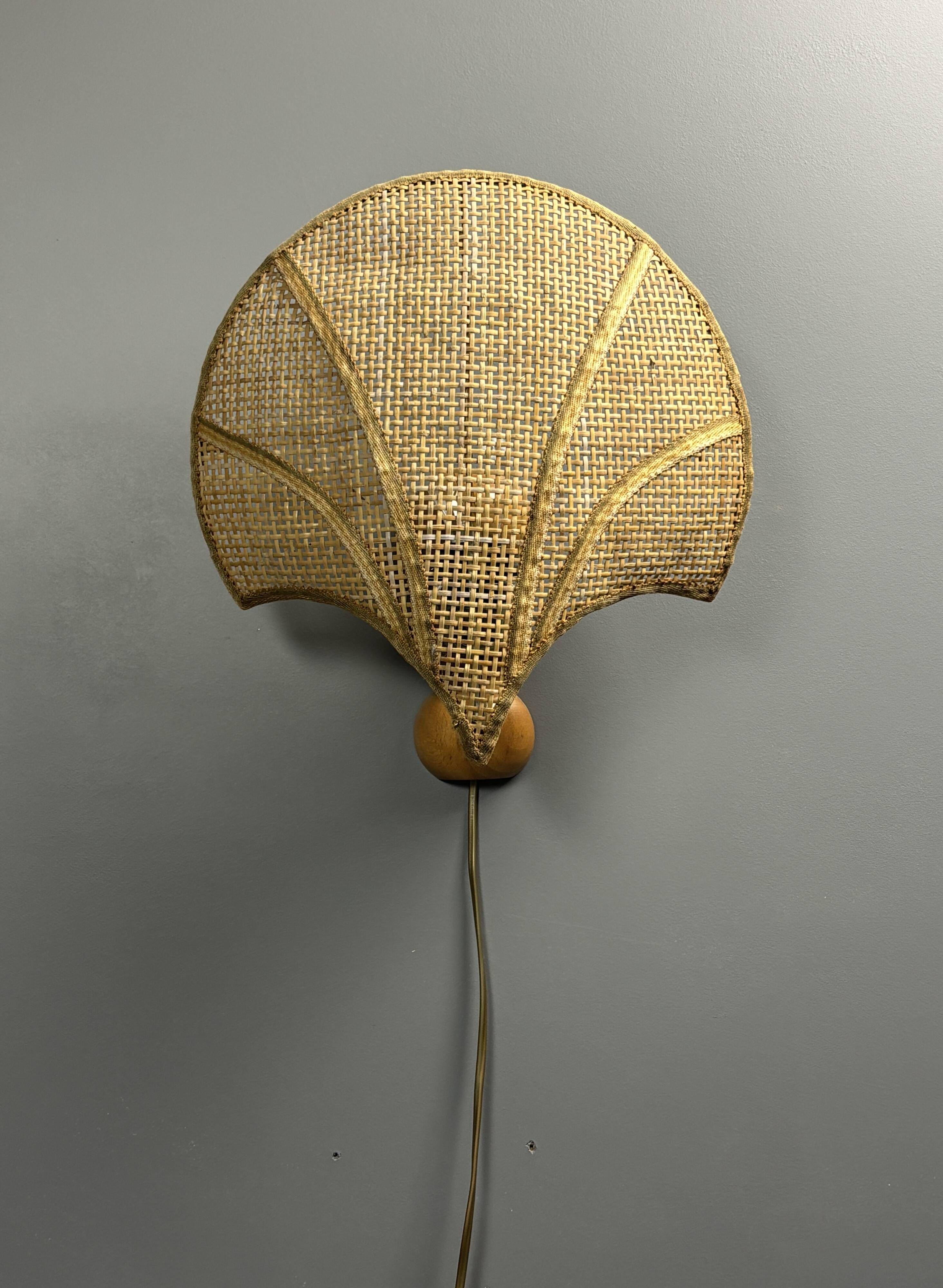 Pair midcentury Italian rattan wicker pine brass scallop wall sconces 1970s