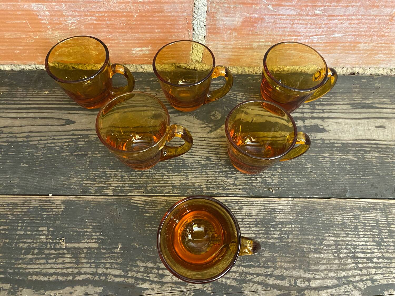 Set of 6 antique amber blown glass cups + vintage handle