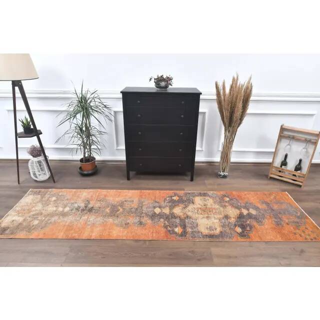 1960s Turkish Wool Hand-Knotted Runner Orange Rug 80x313