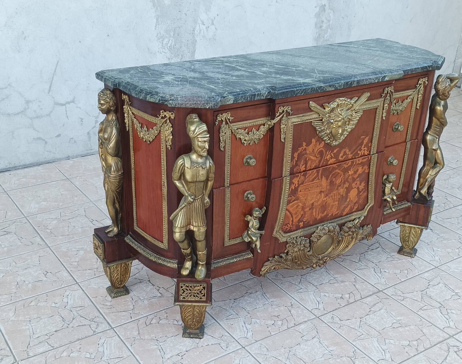 Louis XVI style commode in beech, bronze and marble.
