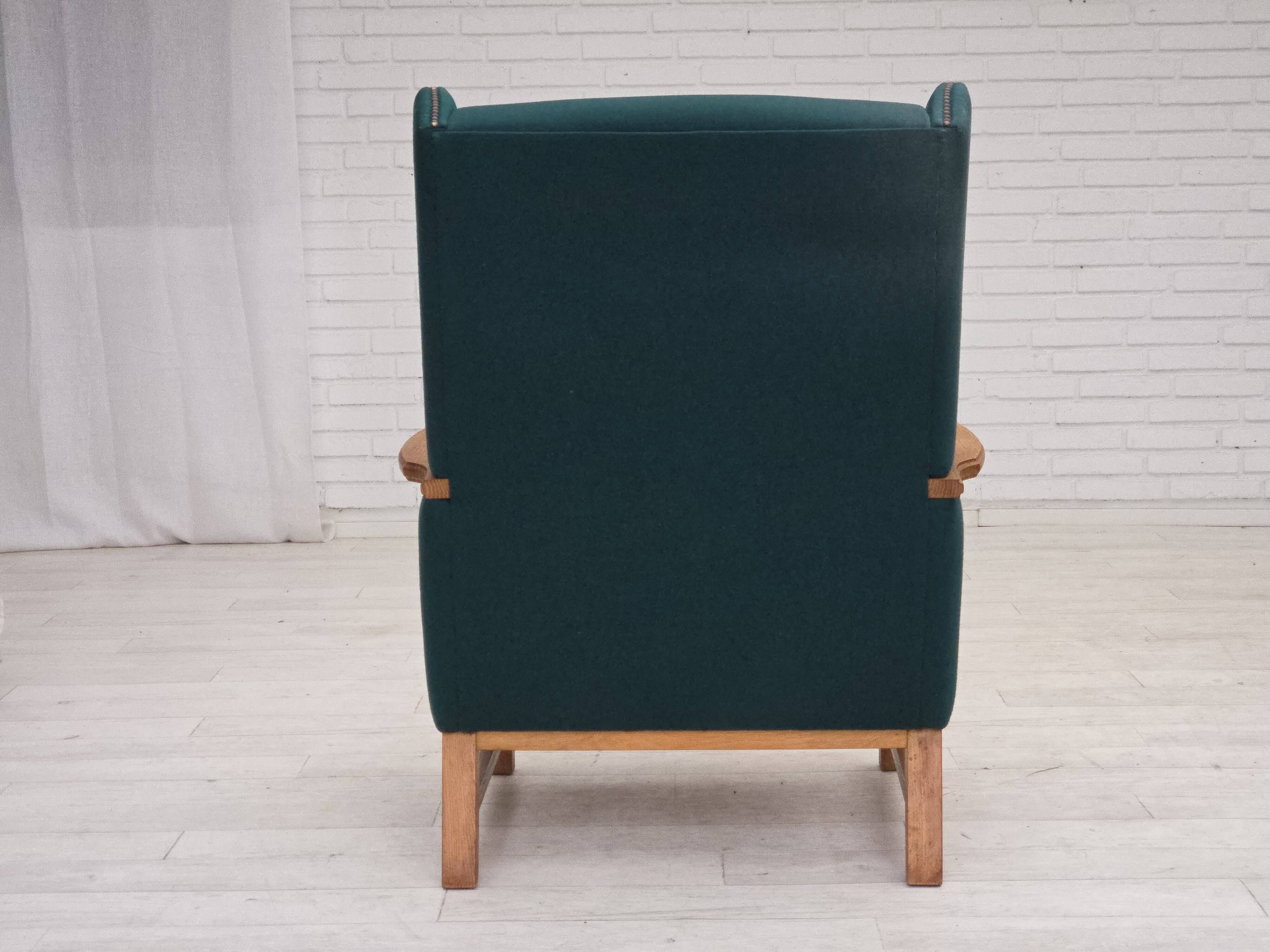 1970s, Danish high back armchair, furniture wool, solid oak wood.