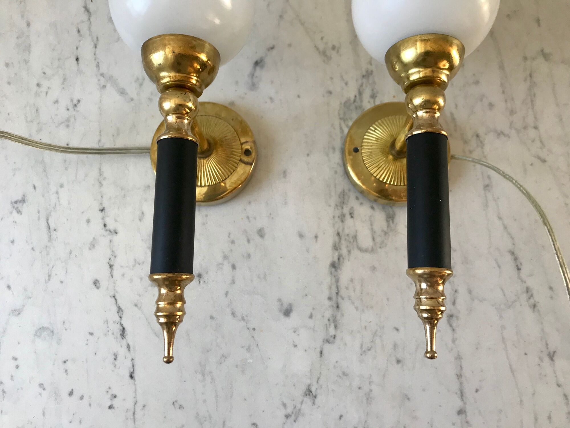 Pair of opaline and golden brass wall lamps art deco style 30s