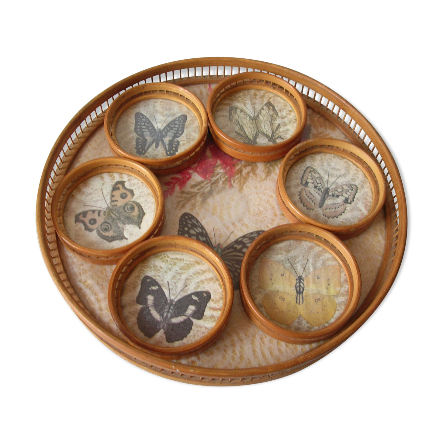 Old tray and 6 under glasses bamboo decoration butterfly deco vintage living room