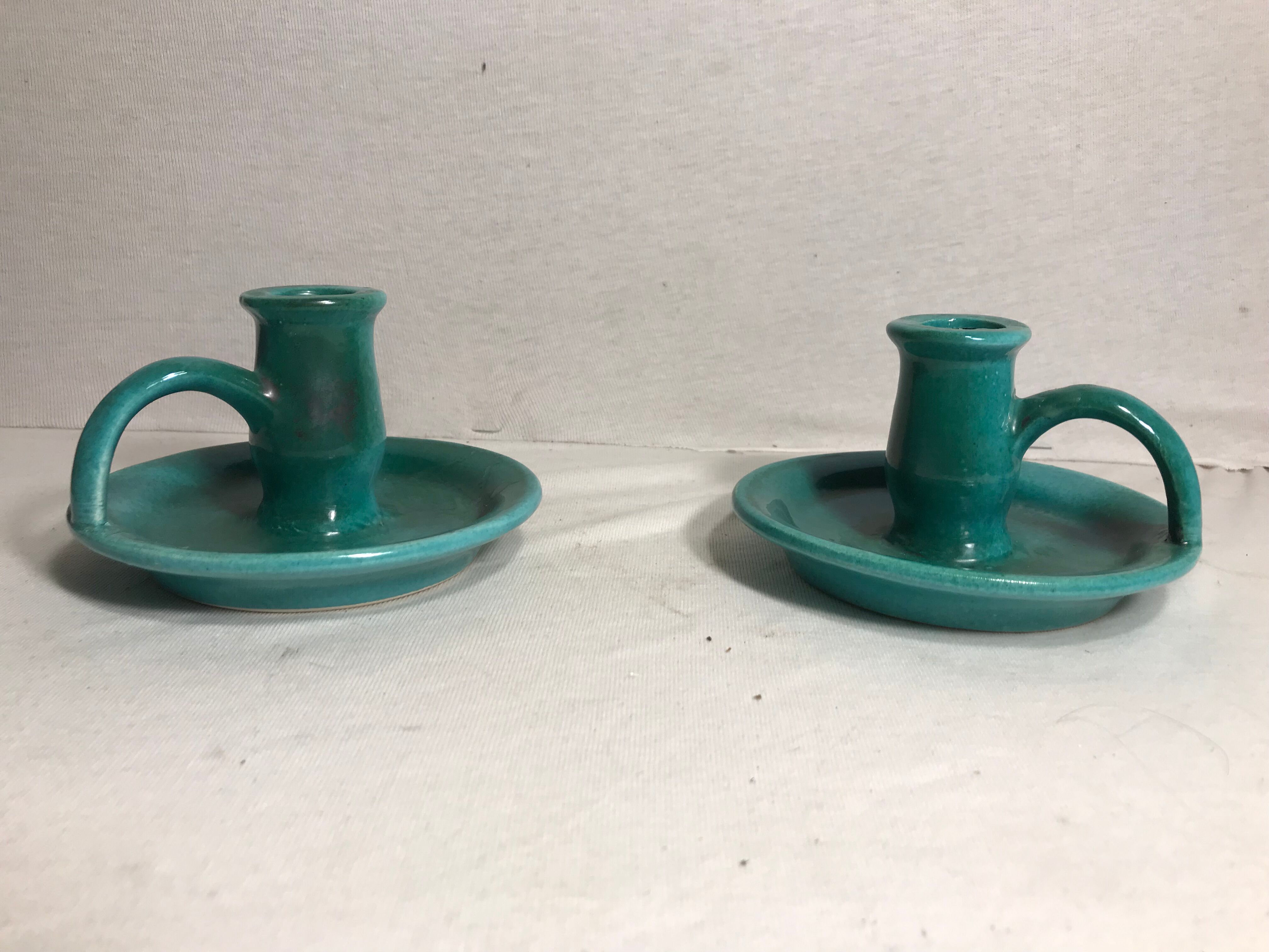 Old caves dieulefit green ceramic + cove vintage candlestick pair