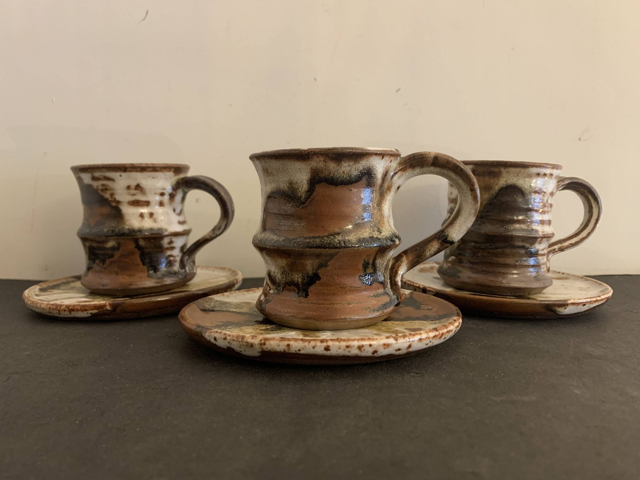 Set of 3 Danish Waldorff cups and 3 saucers in glazed stoneware