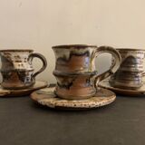 Set of 3 Danish Waldorff cups and 3 saucers in glazed stoneware